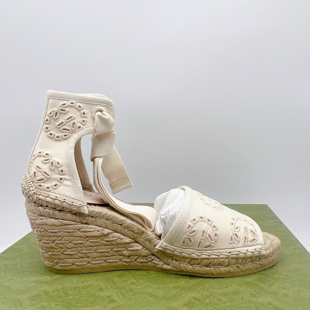 Gucci GG Damita Espadrille Wedge Sandal Eyelet Beige Canvas EU 36.5 US 6.5 - Picture 10 of 15